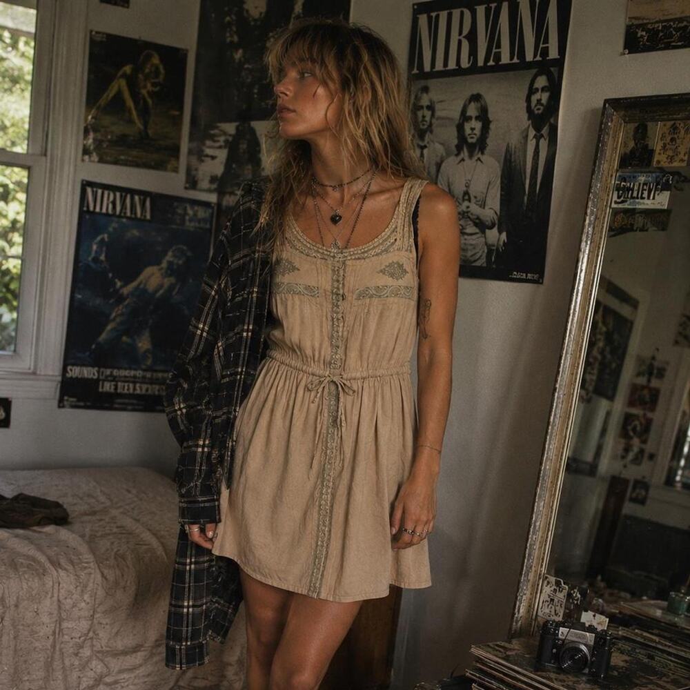 Vintage Converse One Star Beige Mini Dress Small Lace Trim Grunge Y2K Indie